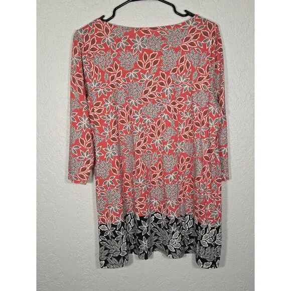 J. JILL All-Over Leaf Print Tunic Top Sz Large Red Cotton/Modal Blend 3/4 Sleeve - Picture 4 of 5